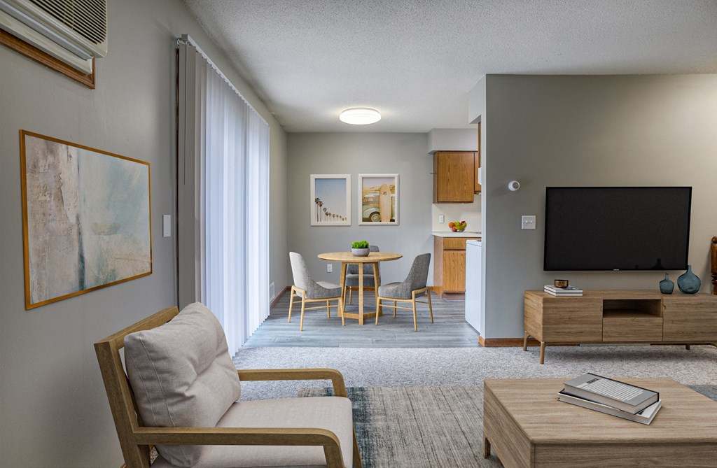 a living room and dining area in a 555 waverly unit