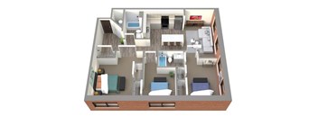 A 3D floor plan of a house with a kitchen, living room, and bedrooms.