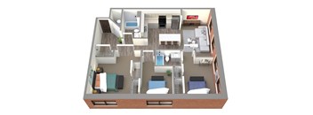 A 3D floor plan of a house with a kitchen, living room, and bedrooms.