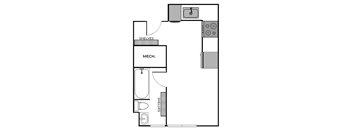 A floor plan of a room with a kitchen area, a bathroom, and a bed.
