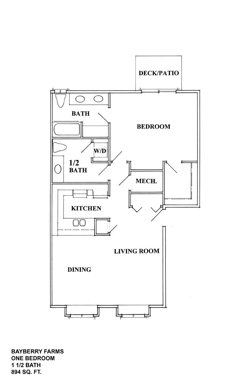 A floor plan of a one bedroom apartment at Bayberry Farms.