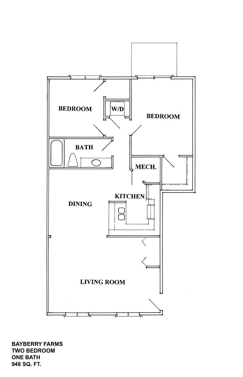 A floor plan of a two bedroom apartment with a living room, kitchen and bath.