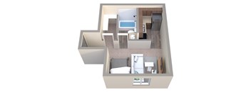a 3d drawing of a bedroom with a bathroom and a living room