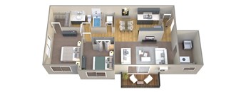 a 3d drawing of a floor plan with bedrooms and a living room