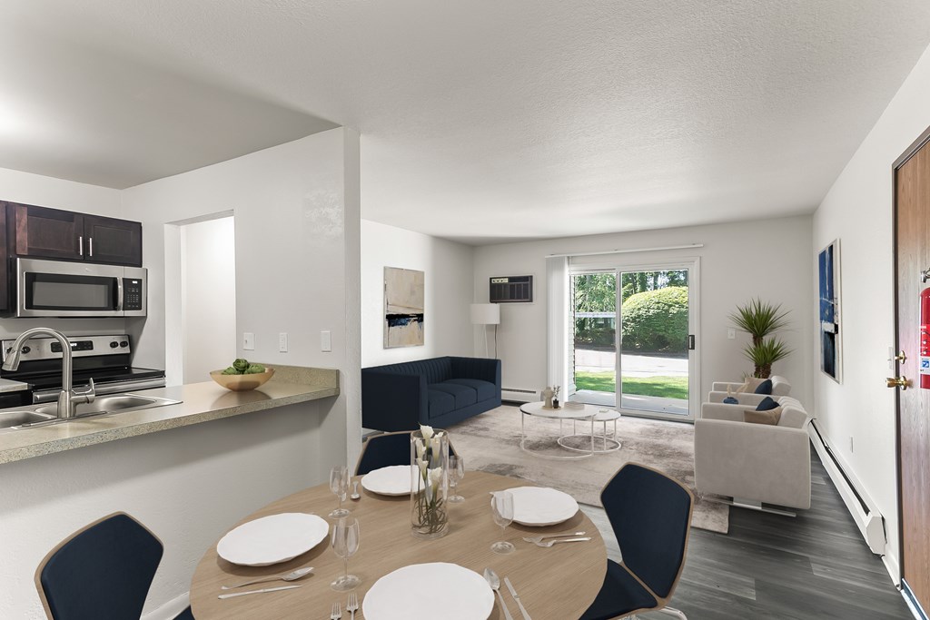 A modern dining room with a table set for six.