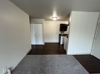 A room with a grey carpet and a white door.