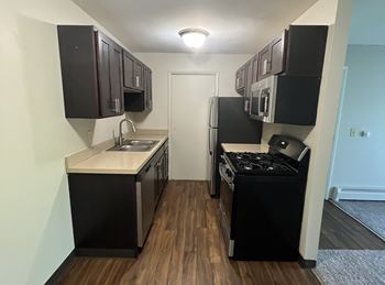 A kitchen with black cabinets and a black fridge.