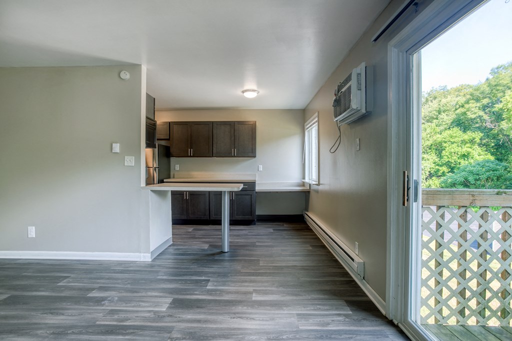 a kitchen and dining space