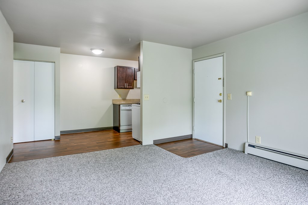 A room with a carpeted floor, a white door, and a white wall.