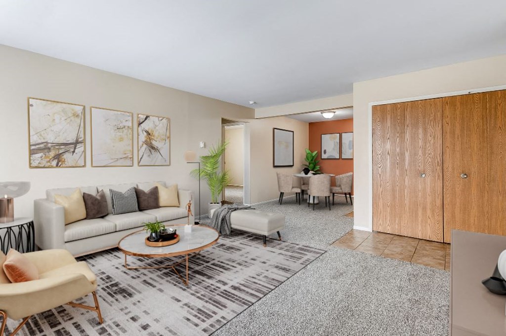 a living room with a couch and a table