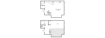 A floor plan of a small apartment with a loft area.