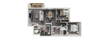 A 3D floor plan of a house layout.