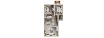 A top-down view of a house layout with a kitchen, living room, and bedrooms.