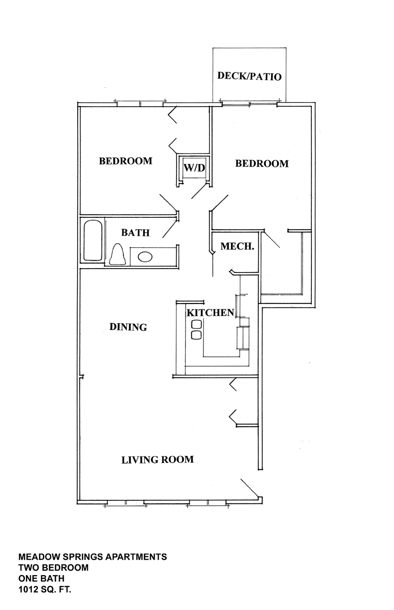 A floor plan of a two bedroom apartment with a living room, dining room, kitchen and bath.