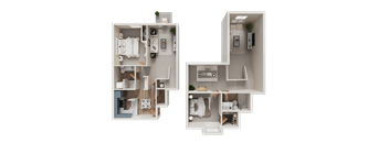 A 3D floor plan of a two-bedroom apartment.