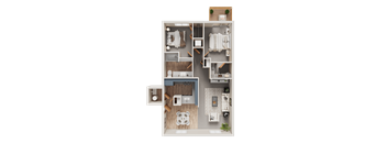 A top-down view of a small apartment layout with a kitchen, living room, and bathroom.