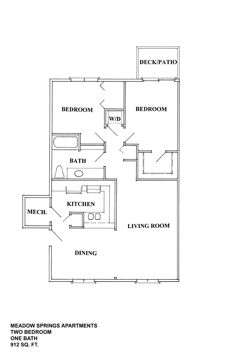 A black and white diagram of a two bedroom apartment layout.