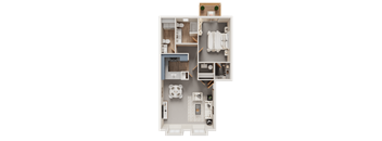 A detailed floor plan of a small apartment with a kitchen, living room, and bathroom.