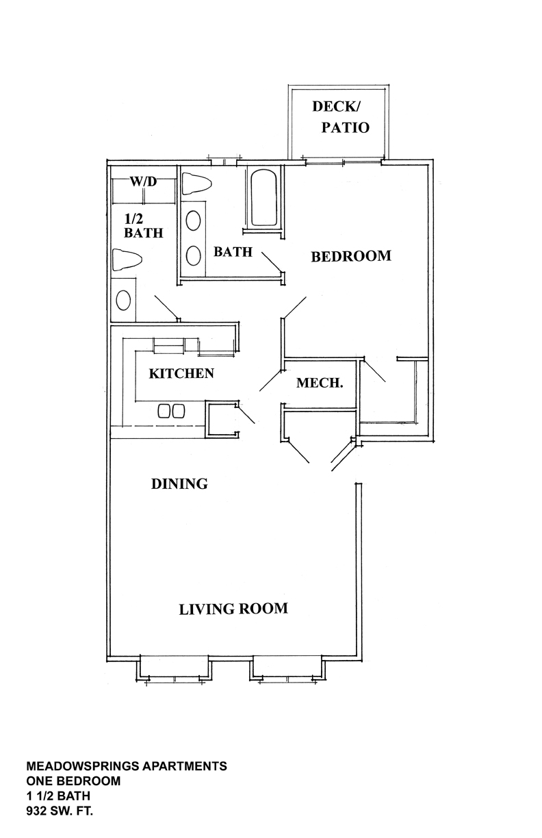A floor plan of a one bedroom apartment with a living room, dining area, kitchen, and bathrooms.