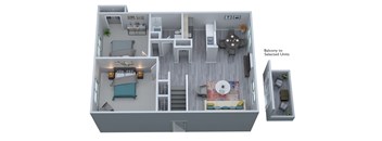 A 3D floor plan of a house with a balcony leading to selected units.