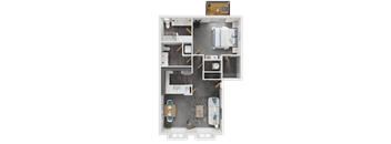 A top-down view of a house layout with a kitchen, living room, and two bedrooms.