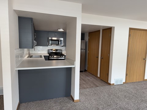 A kitchen with a stove top oven and a microwave.
