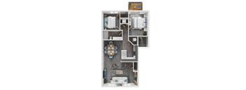 A top-down view of a small apartment layout with a kitchen, living room, and bathroom.