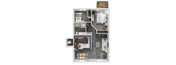 A top-down view of a small apartment layout with a kitchen, living room, and bathroom.