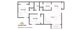 A floor plan of a Western Pines apartment showing two bedrooms and one and a half bathrooms.