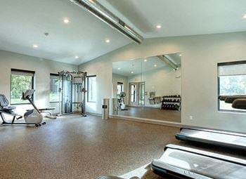 a home gym with a large mirror and exercise equipment
