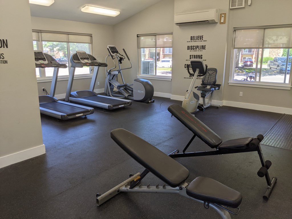 A gym with treadmills, exercise bikes and a bench.