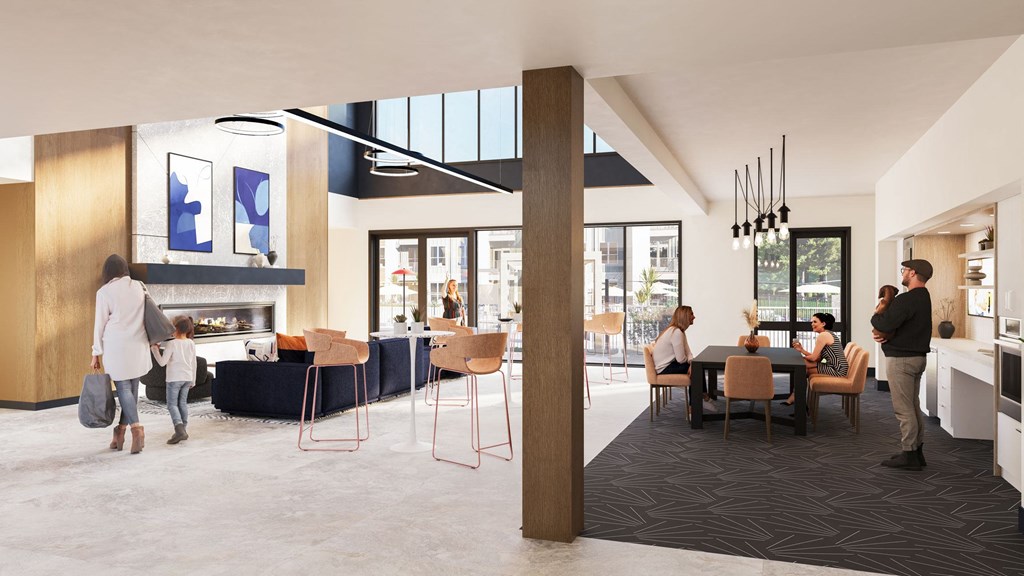 a rendering of a lobby with people at tables and a fireplace