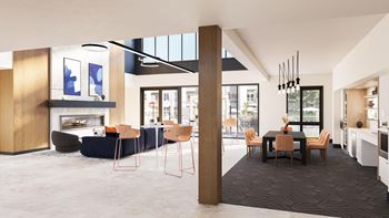 a living room and dining room with a table and chairs and a fireplace