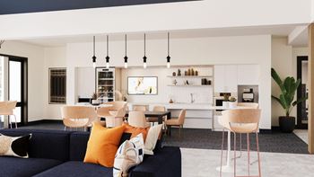 a living room and kitchen with a blue couch and chairs