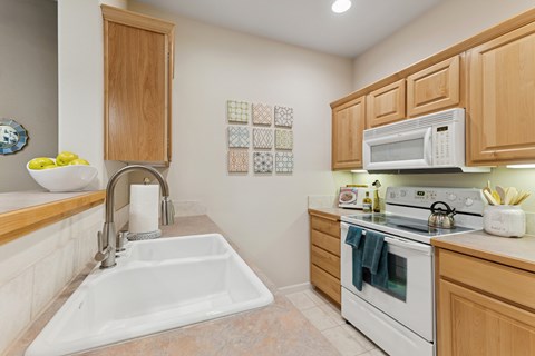 A kitchen with a white sink and a white stove.