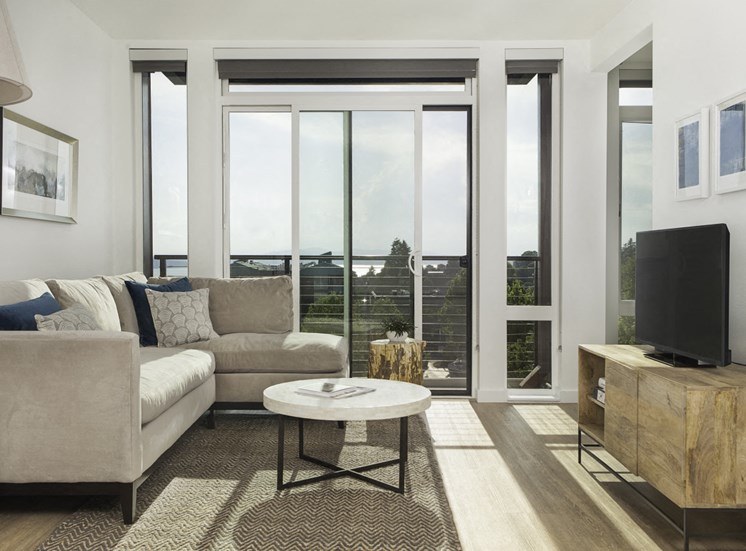 4730 California Apartments Model Living Room Floor-to-Ceiling Windows
