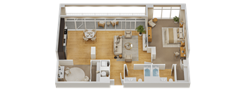 A top-down view of a living room, dining area, kitchen, and bathroom.