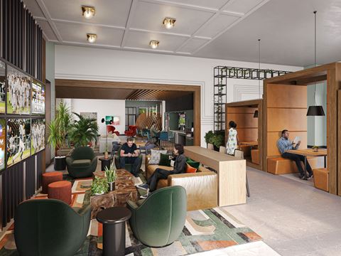 a rendering of the lobby of an office building with people sitting in chairs and tables