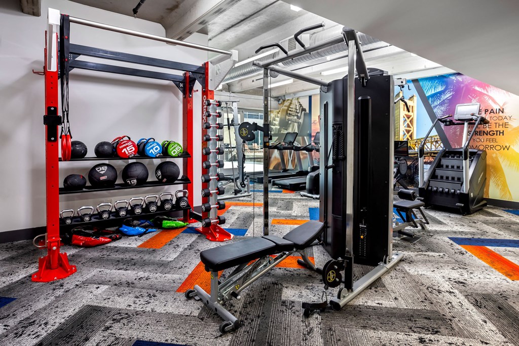 a home gym with weights and equipment and a wall with a mural