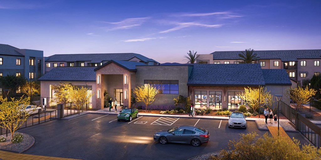 a rendering of a building with cars in a parking lot