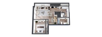 A top-down view of a modern apartment layout with a living room, kitchen, and bedroom.