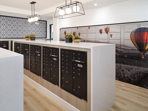 A modern kitchen with a long counter and a wall mural of hot air balloons.