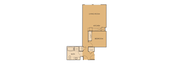 A floor plan of a small apartment with a living room, kitchen, bedroom, and bathroom.