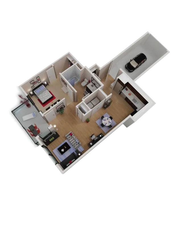 A 3D floor plan of a house with a kitchen, living room, and two bedrooms.