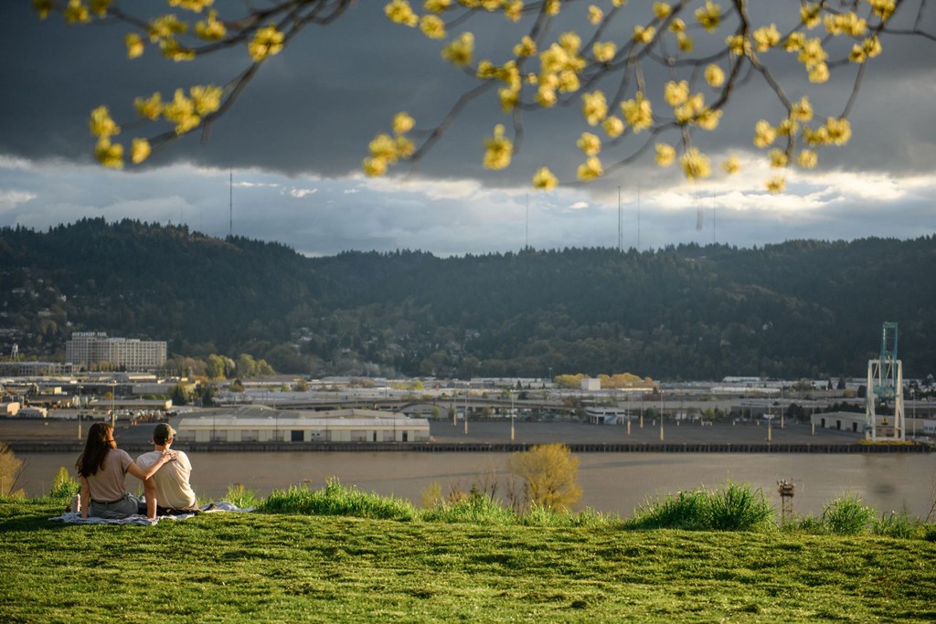 a couple sitting on a hill overlooking a river and a city
