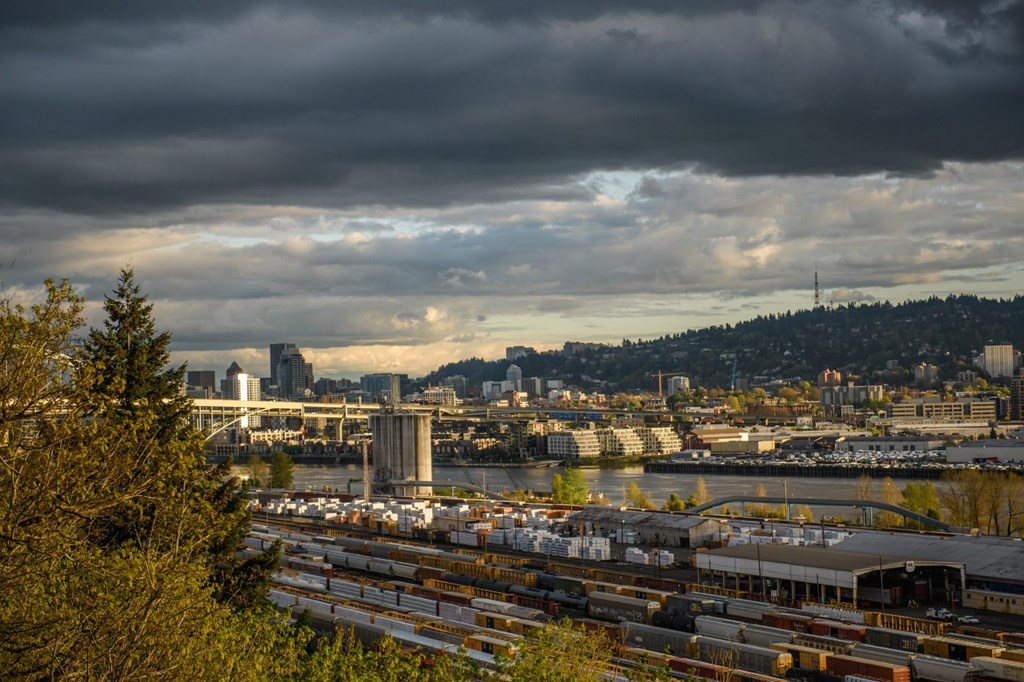 a view of the city from a hill overlooking the water with trains