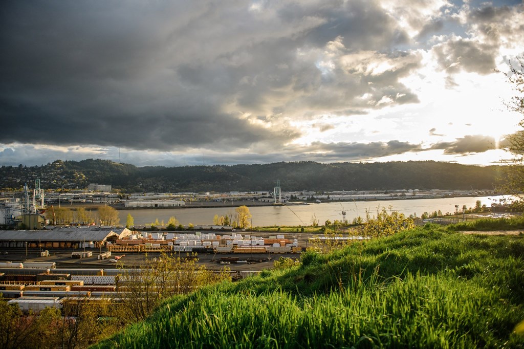 a view of a harbor with a river and a city in the background