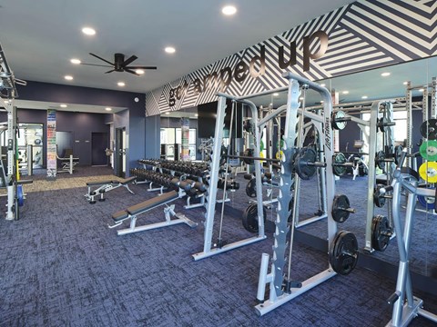 a gym with weights and a ceiling fan