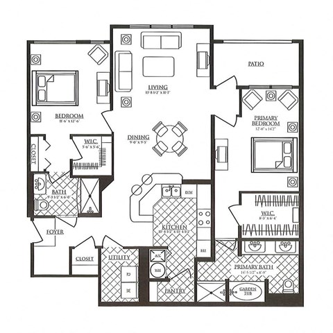 a floor plan of a residence with bedrooms and baths