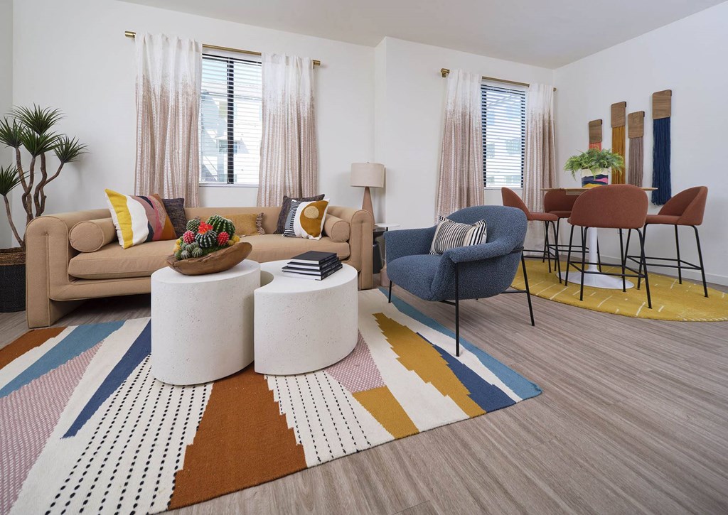 a living room with a couch and a table